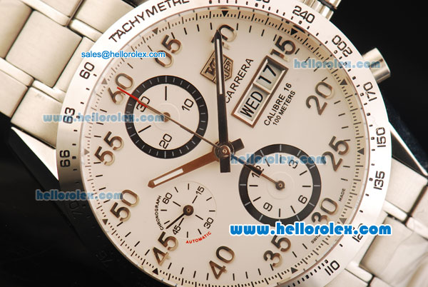 Tag Heuer Carrera Calibre 16 Asia Valjoux 7750 Automatic Chronograph with White Dial and Bezel-Big Calendar - Click Image to Close